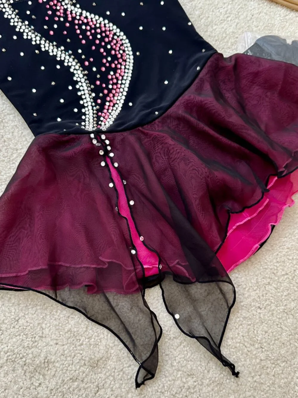 New Black with pink trim Crystal Figure Skating Dress Girls Size 6